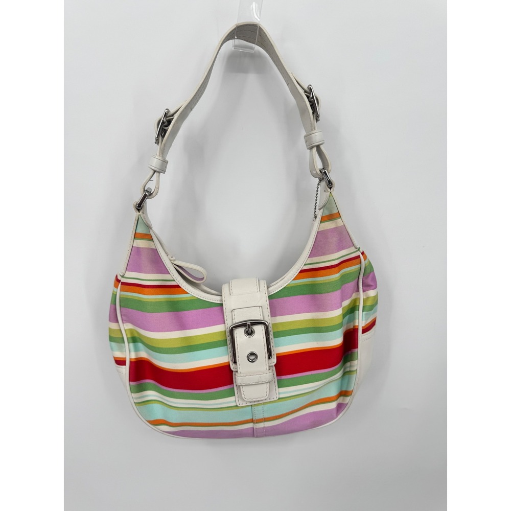 Coach Soho Shoulder Bag Womens Small Multi-Color Striped Y2K Canvas Leather - Picture 13 of 16